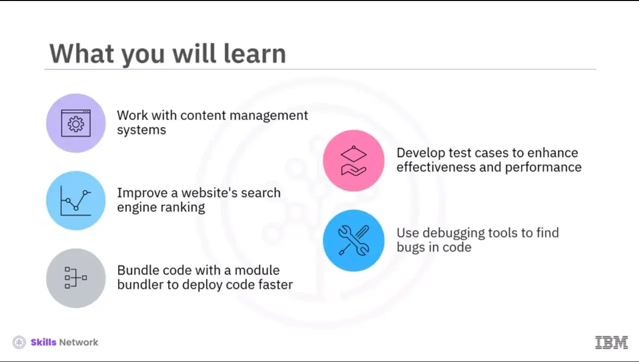 After reading this course, you will be able to: Define CMS, List several CMS platforms 
    and Recognize the benefits of using CMS.