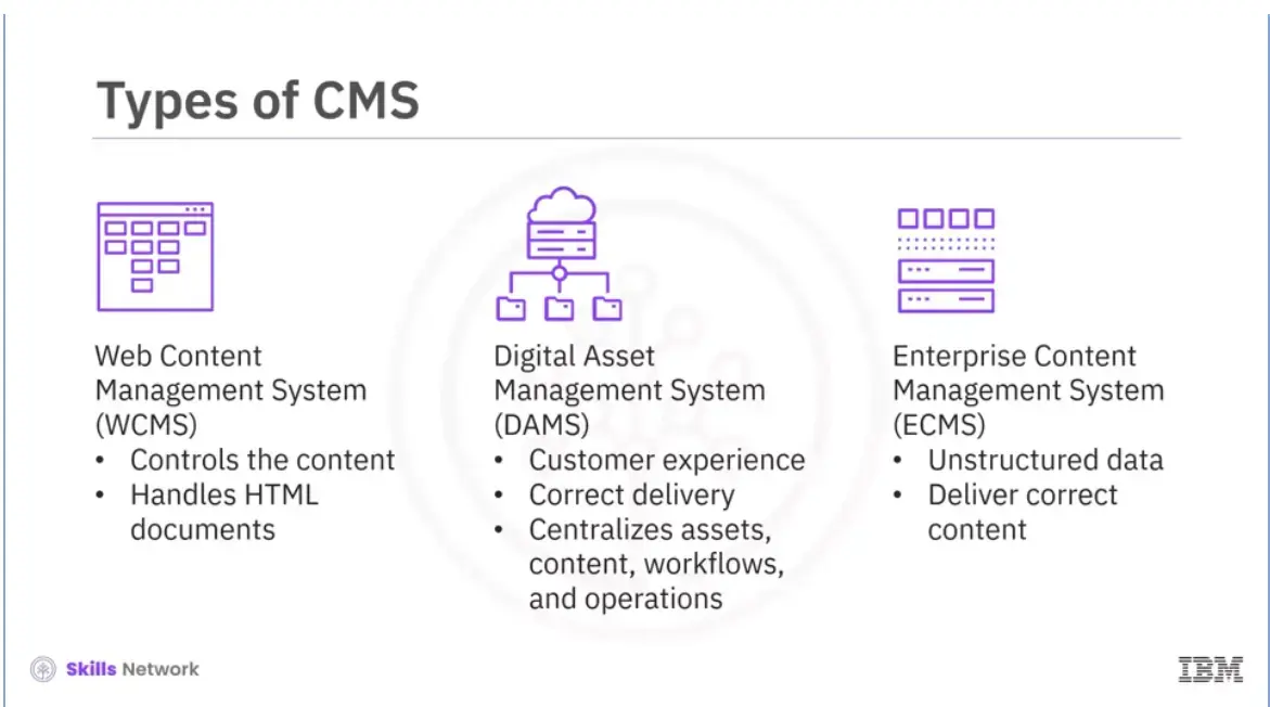 There are 3 common typoe of CMS;  Web CMS, Digital CMS, and Enterprise CMS.