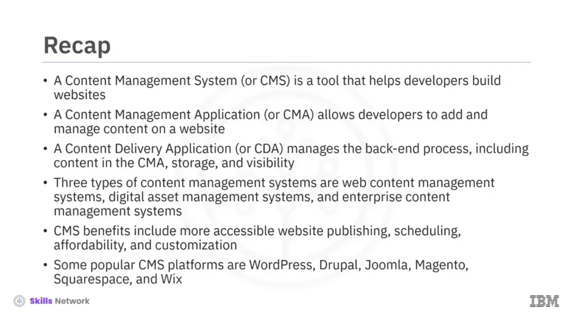 Recap (1-02): Content Management Systems (CMA) and Content Delivery Applications (CDA).