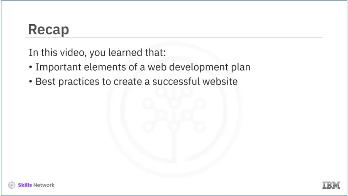 Recap (1-05a) - important elements of a web development plan and best practices 
    of a successful website.