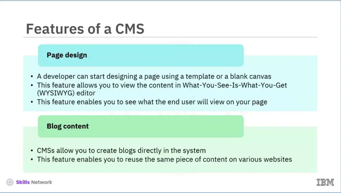 Features of a CMS: Page design and Blog content.