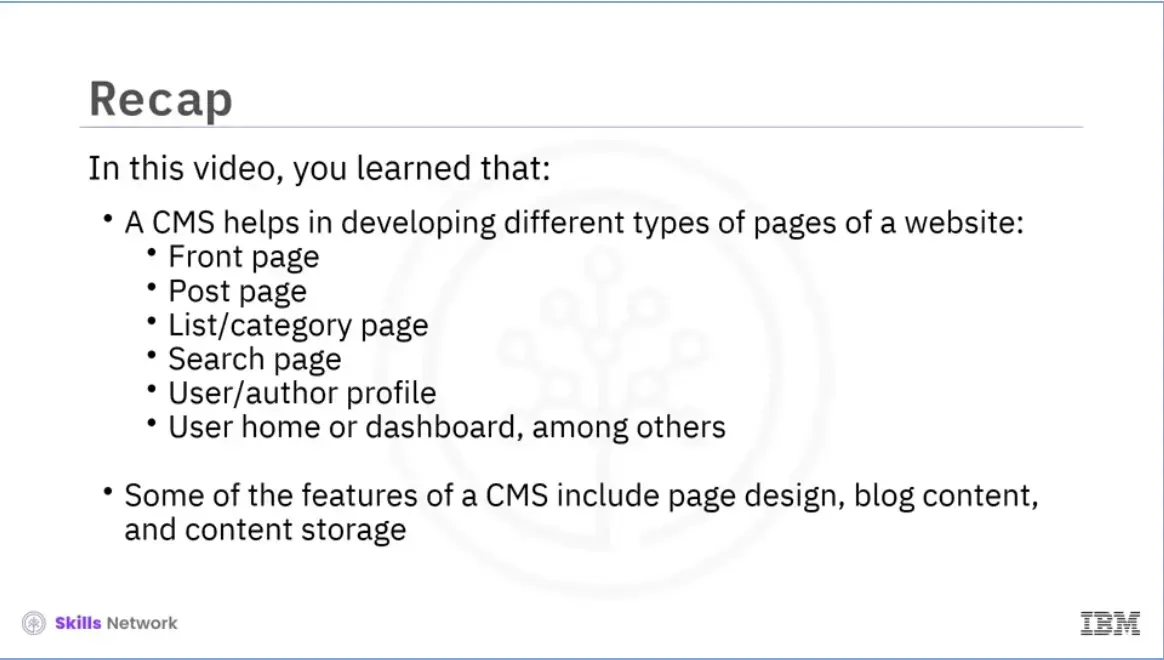 Recap (1-05b): CMS page types and features of a CMS.