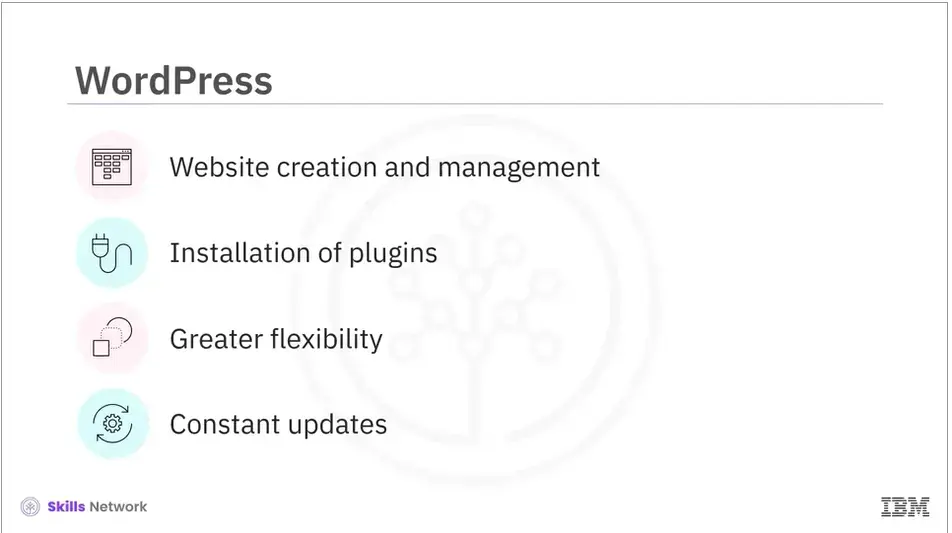 WordPress: Website creation and mgmt, installation of plugins, 
    greater flexibility and constant updates.