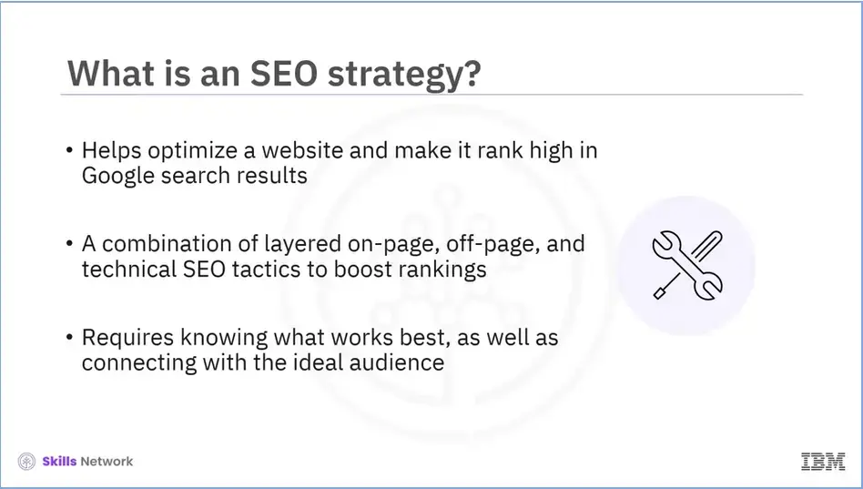 SEO strategy is a plan of action for a company to optimize its website and 
    rank higher in google search results.