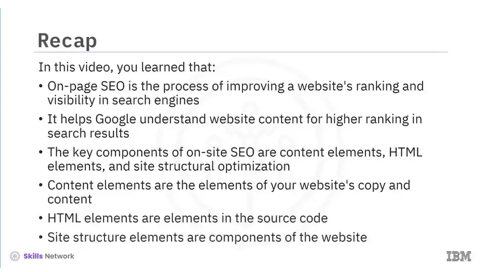 Summary module (2-05): On-page SEO to improve a websites ranking.