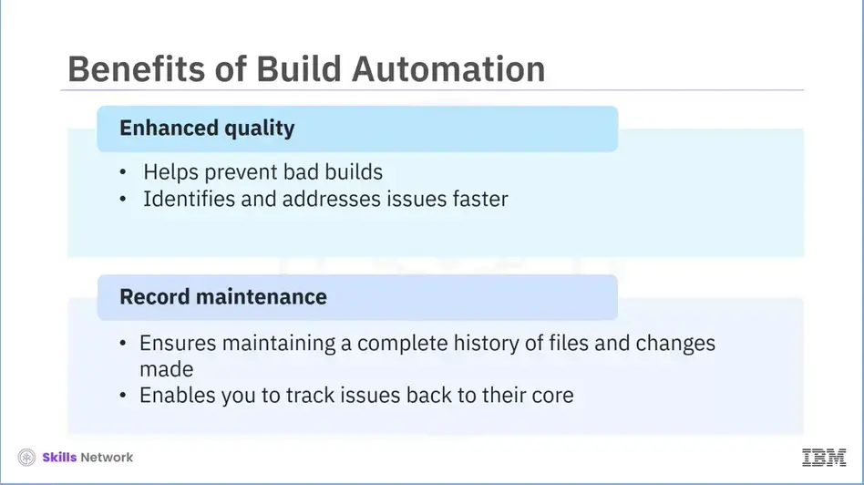 Benefits of Build Automation: Enhances quality and record maintenance.