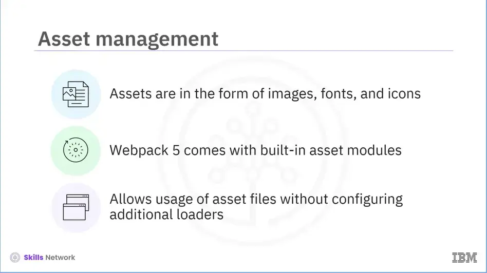 How to manage assets in Webpack 5.  Now built-in.  No additional configuration 
    required.