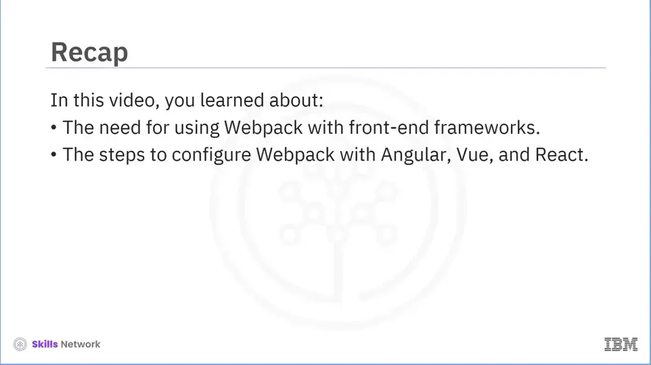 Recap (3.07); need for Webpack with front-end frameworks & steps to configure.