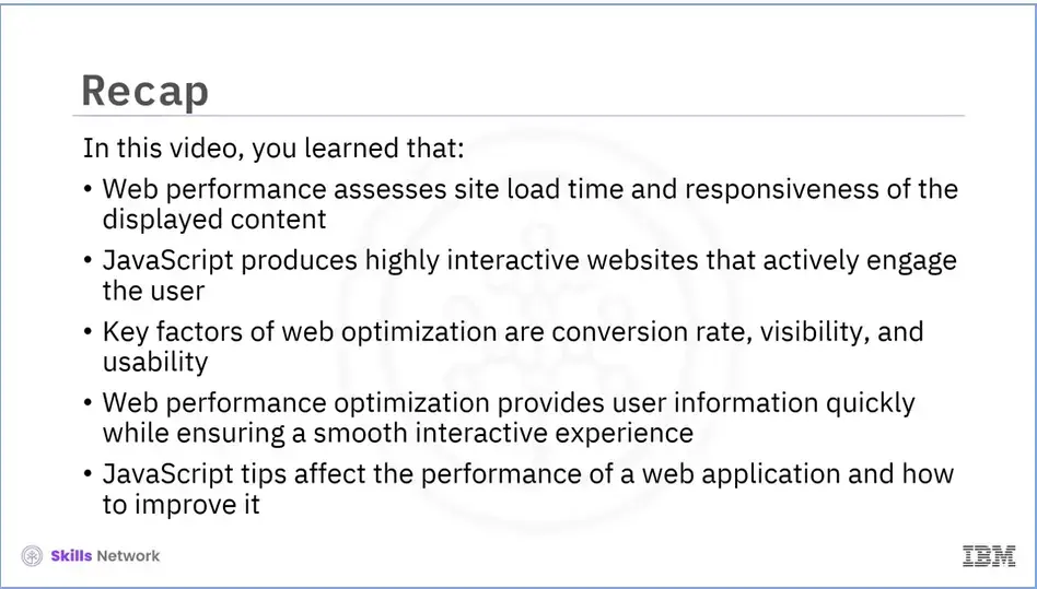 Recap (4.01); Web and JavaScript performance and optimization.