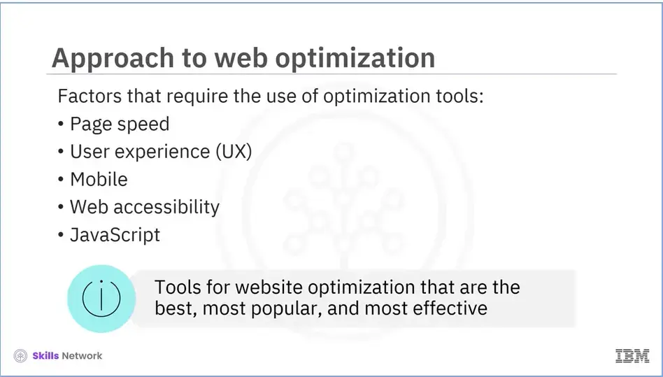 Approach to web optimization; factors which require optimization tools.