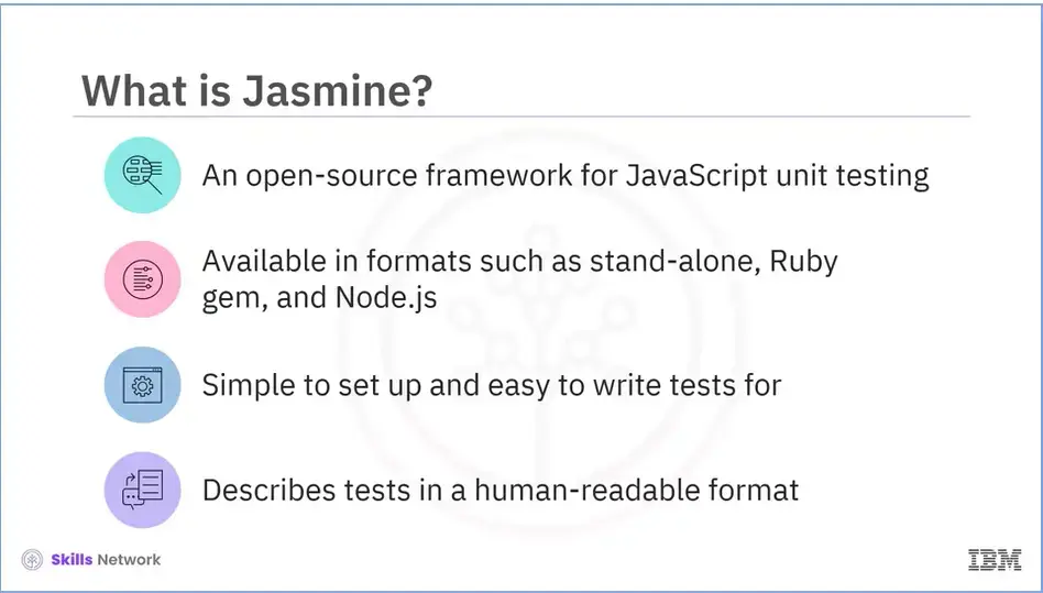 Jasmine: Open-source framework for unit testing JavaScript.