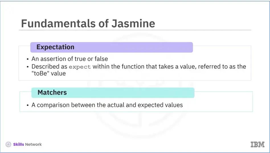 Jasmine: Expectation is an assertion that is True or False and matchers is a 
    comparison between actual and expected values.