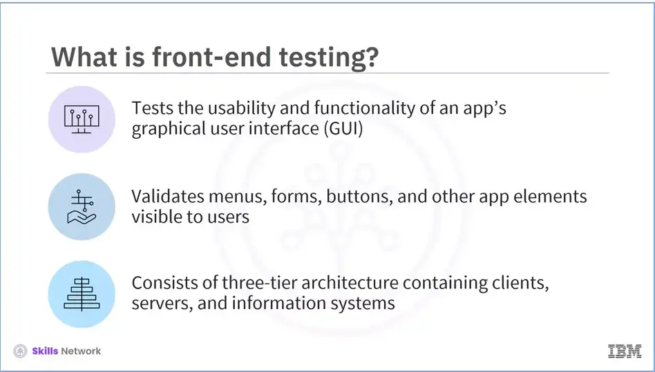 What is front-end testing?  Test usability and functioning of an app's GUI, 
    validate menus, forms, buttons and other app elements visible to users, and consists 
	of 3-tier architecture containing clients, servers, and information systems.