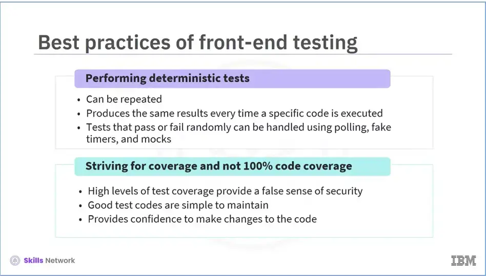 Perform deterministic tests. Striving for coverage and not 100% code coverage.