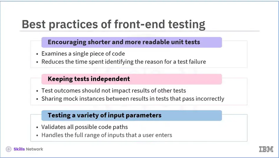 Encouraging shorter and more readable unit tests. Keep test independent. 
    Test a variety of input parameters.