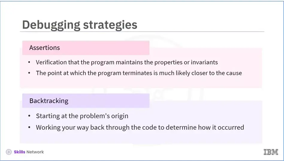 Debugging strategies: Assertions and Backtracking.