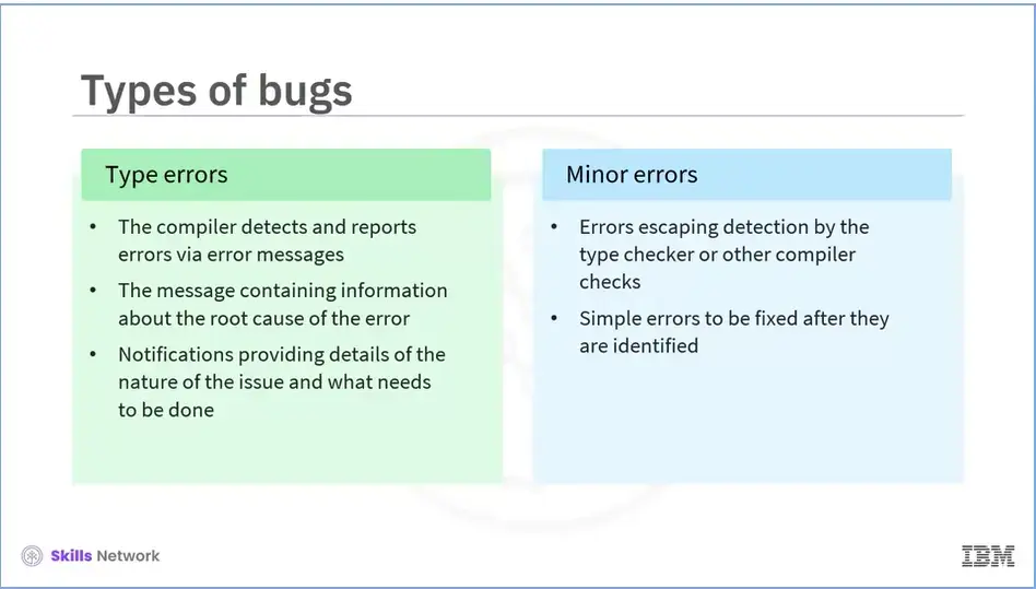 Types of bugs: Type errors and Minor errors.