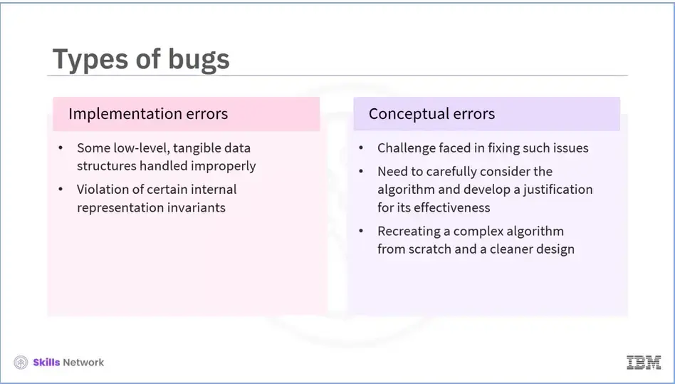 Types of bugs: Implementation erros and Conceptual errors.