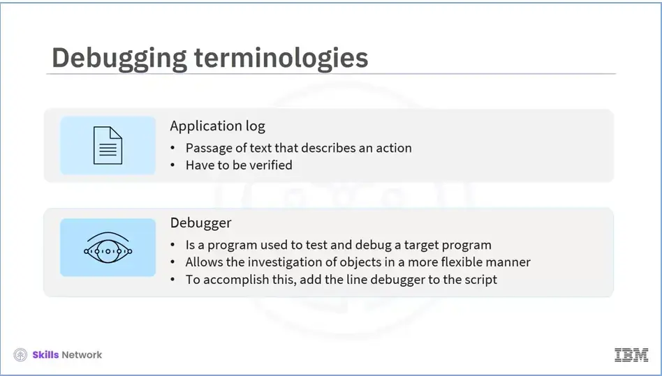 Debugging terminologies; Application log, Debugger.