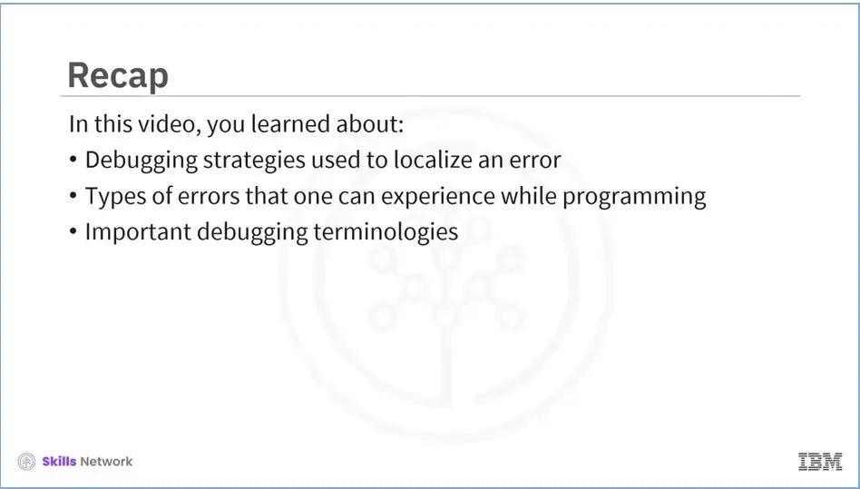 Recap (5-02); Debugging strategies, Types of errors, and Important debugging terminologies.