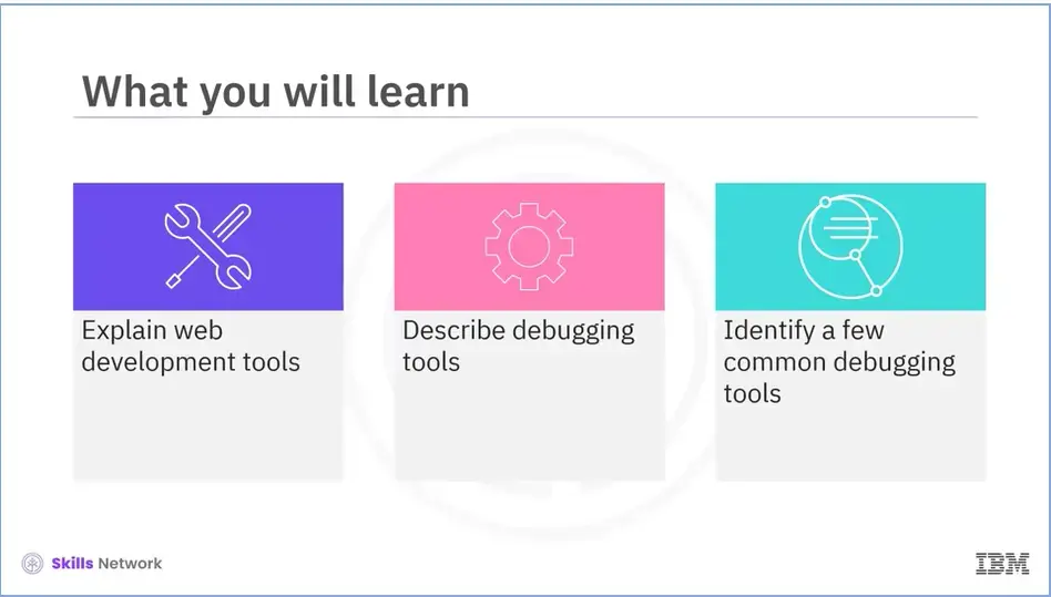 Summary module 32; Explain web development tools, Describe debugging tools, and Identify a few common debugging tools.