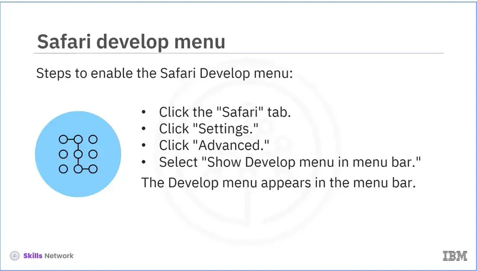 Safari develop menu - steps to enable.