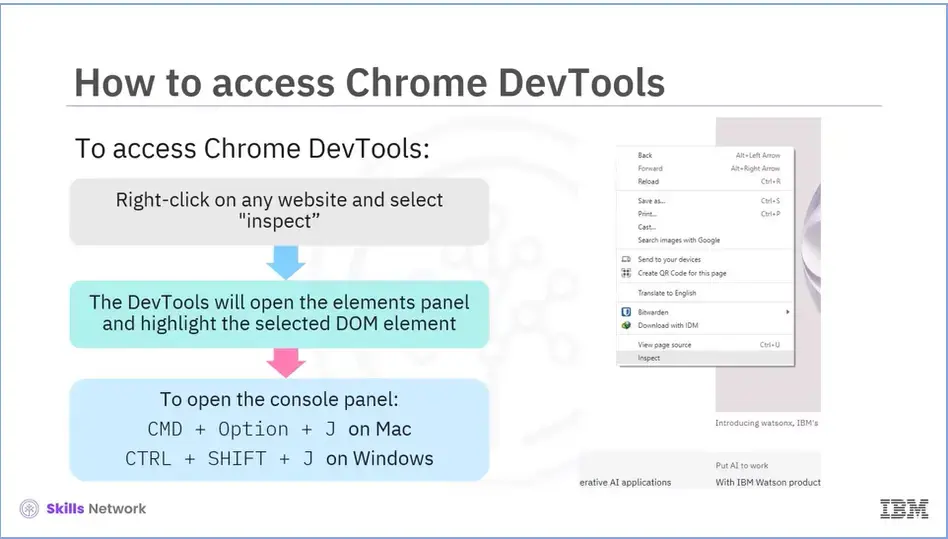 How to access Chrome DevTools.