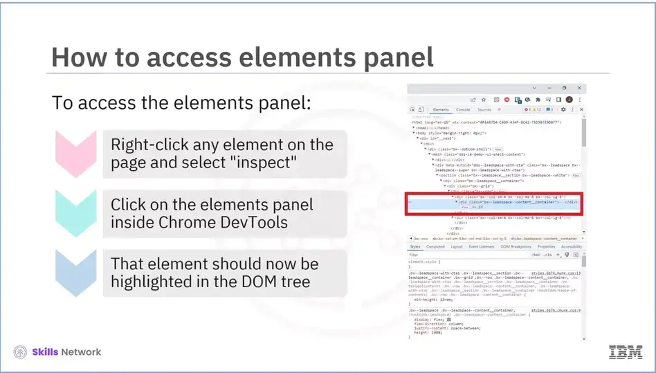 How to access elements panel, right-click, element panel, highlighted in the DOM tree.