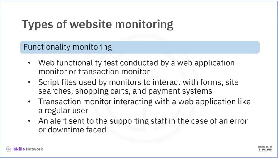 Third type of website monitoring: Functionality monitoring.