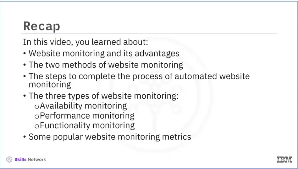 Recap (5.05): Website monitoring, Website monitors, Steps to automated 
    monitoring, types of website monitoring.