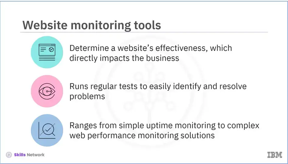 Website monitoring tools for: effectiveness, problem resolution, and performance.