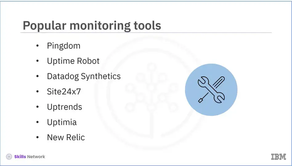 Popular monitoring tools: Pingdom, Uptime Robot, Datadog Synthetics, Site24x7, 
    Uptrends, Uptimia and New Relic.