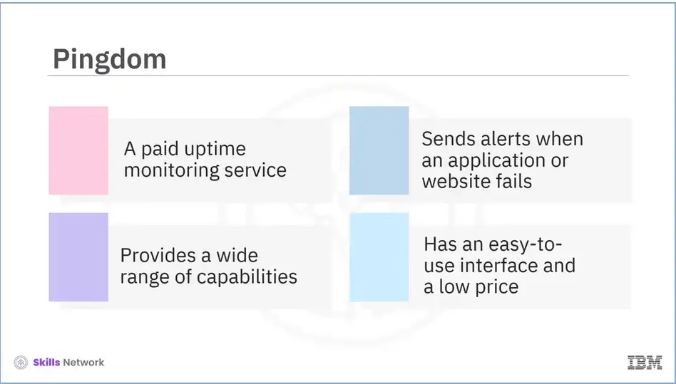 Pingdom: PAID uptime monitoring service, sends alerts when apps go down, SSL 
    certificate outdated and performance.