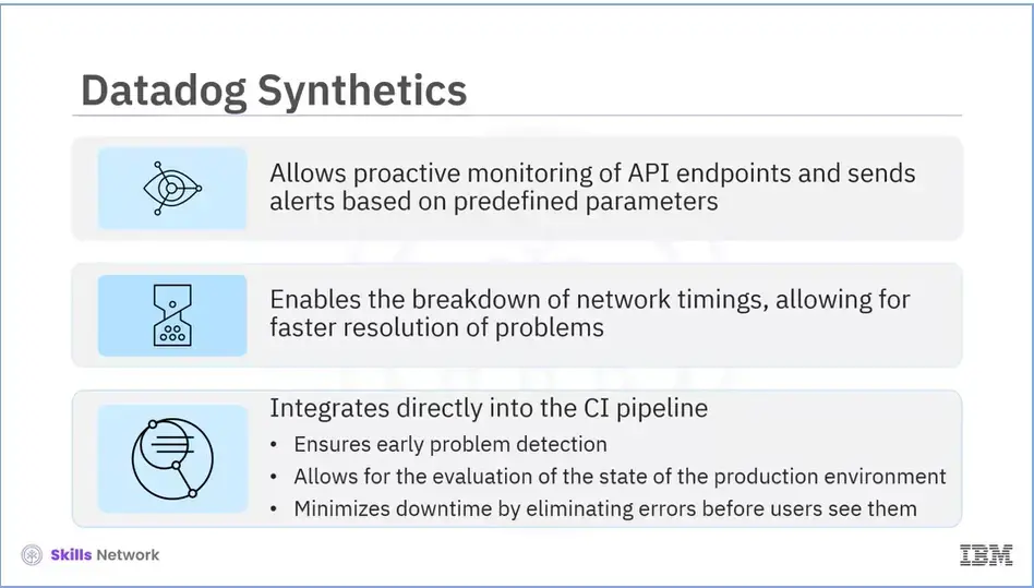 Datadog Synthetics: Allows proactive monitoring of API endpoints & sends 
  alerts, enables you to breakdown network timings, integrates directly into the CI pipeline.