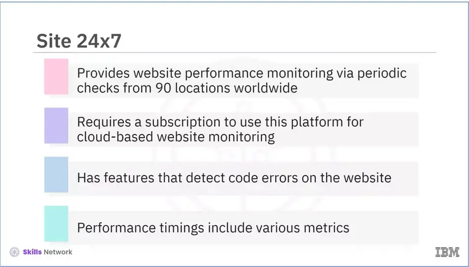 Site 24x7: Provides website performance monitoring, is cloud-based, 
    detects website code errors, and performance timing.