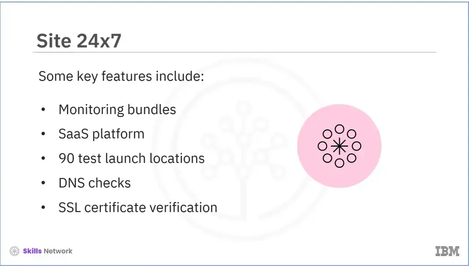 Site 24x7: Key features: Monitor bundles, SaaS platform, 90 test launch 
  locations, DNS checks & SSL certificate verification.